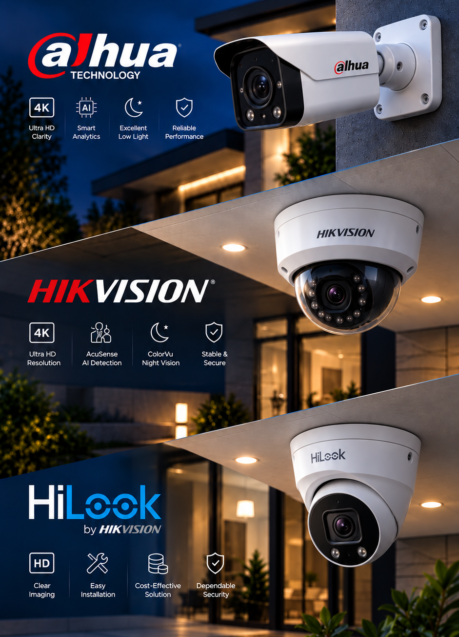 Wired 4K security camera on the corner of a Logan brick home lit up at night