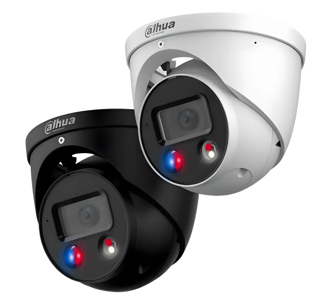 Black and white active deterrence cameras showing red and blue warning strobes and a siren grille