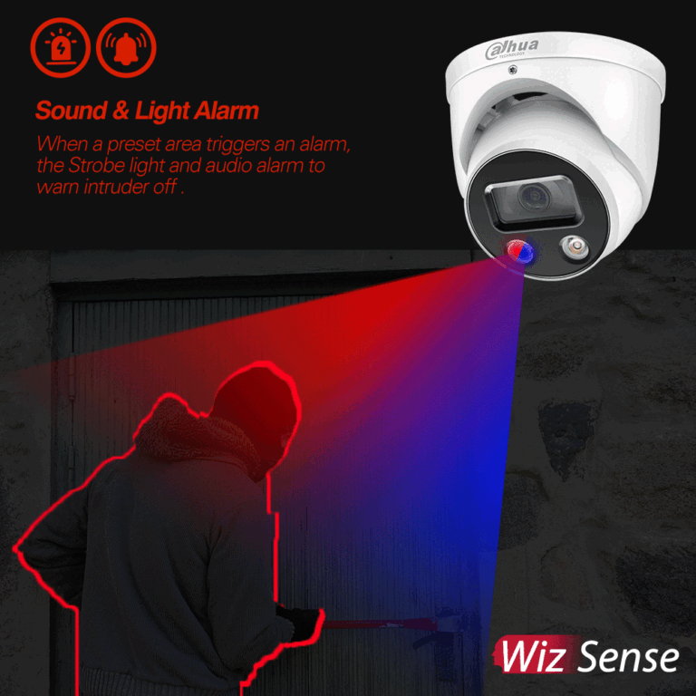 Security camera sounding its siren and flashing its strobe at a person walking up a driveway