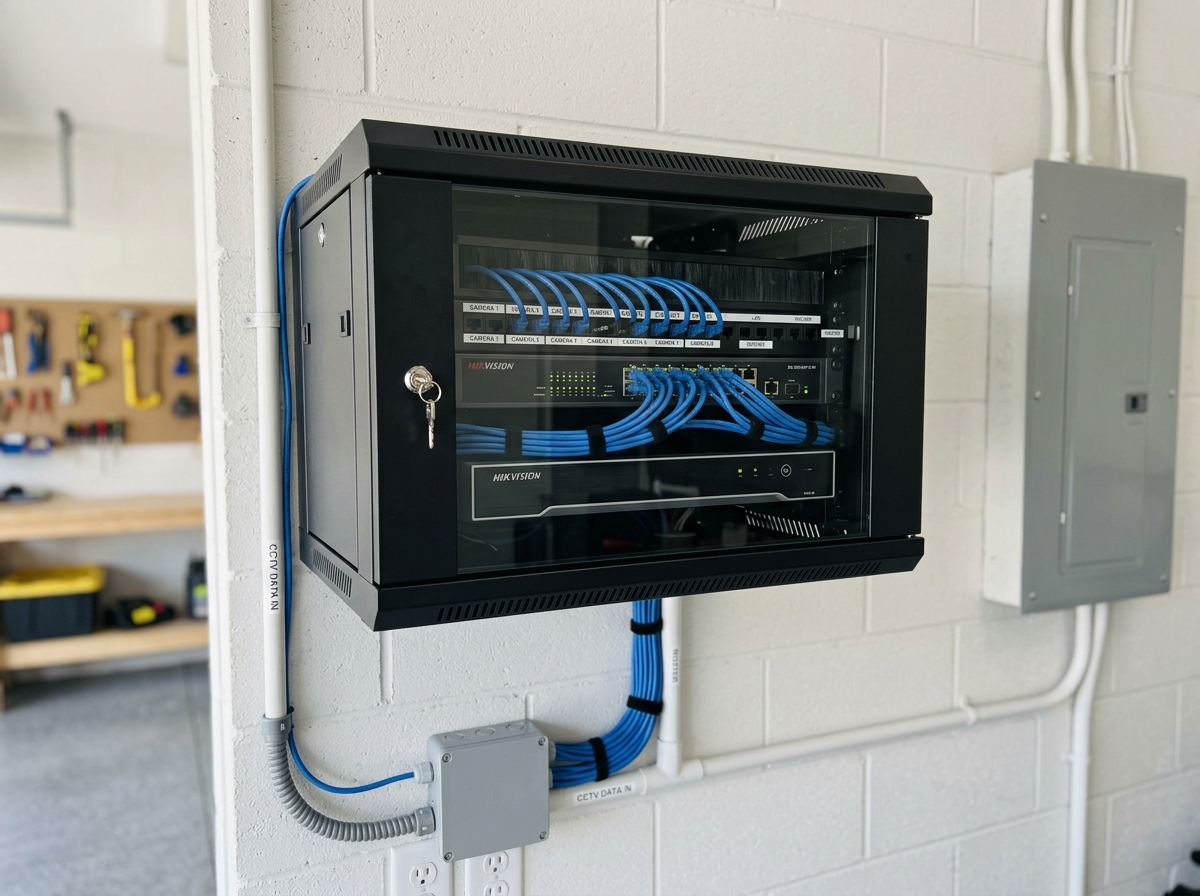 Small wall rack holding a camera recorder and switch, with Cat6 cables bundled and labelled
